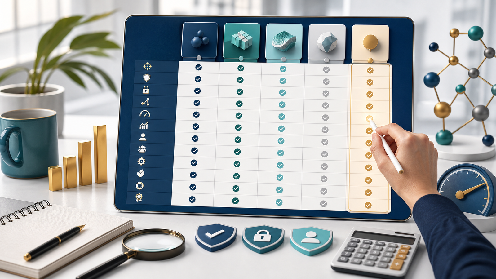 AI tool comparison scorecard evaluating privacy, accuracy, integrations and cost